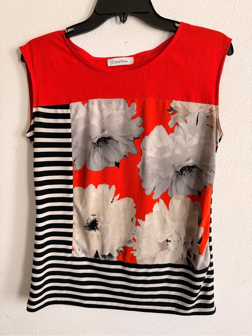 Calvin Klein Orange Floral & Black-White Striped Sleeveless Top